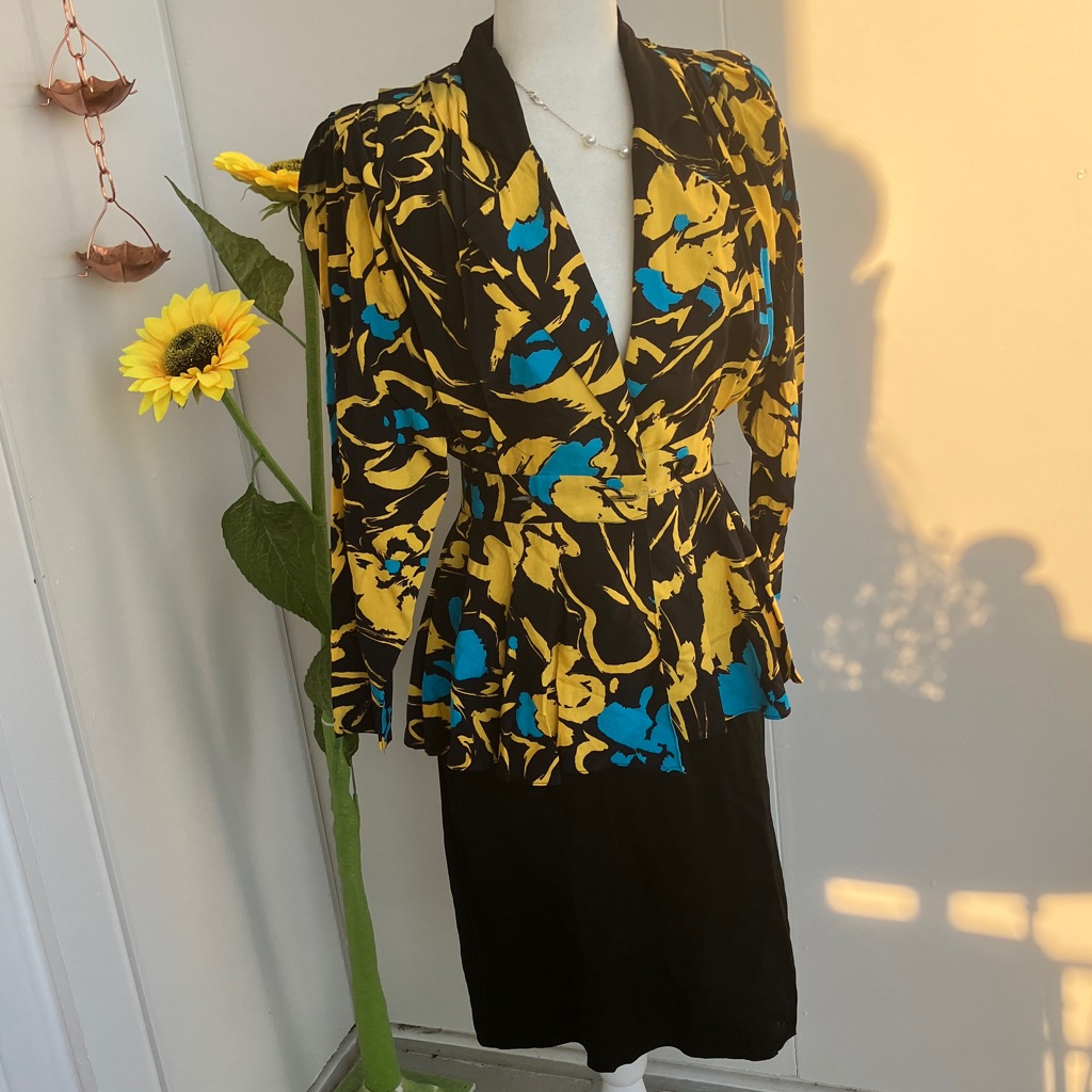 Vintage 80s Peplum Style Long Sleeve Bodycon Dress In Blue, Yellow, & Black
